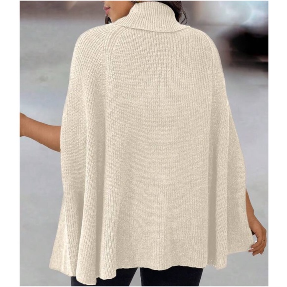 Cozy Ribbed Turtleneck Minimalist Poncho Sweater Top - Picture 6 of 7